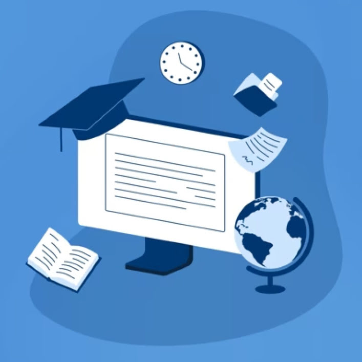 Illustration of a screen, a graduation hat, books, papers, one clock and a globe on blue background.