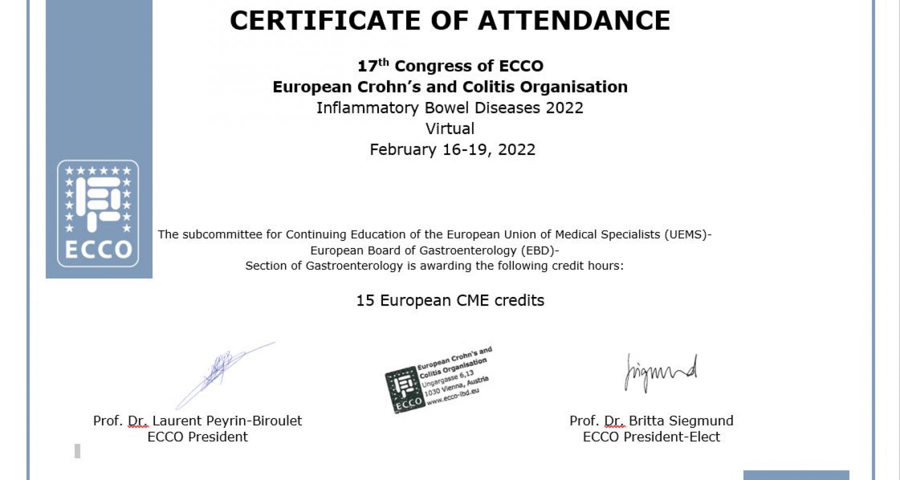 Don't forget to download your ECCO'22 Certificate of Attendance