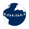 Globe with diverse person icons surrounding it (e.g. man, woman, older person, child, person with disabilities, …)