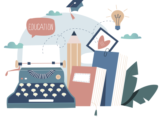 playful and elegant illustration of a typewriter, a pencil, books, leaves, a lamp and &ldquo;Education&rdquo; in a speechbubble.
