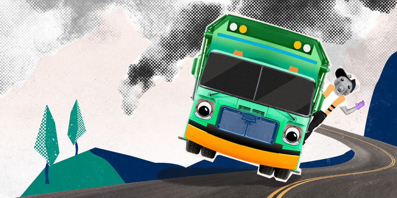 Paper cut style illustration of a mouse riding a bus on a scenic highway.
