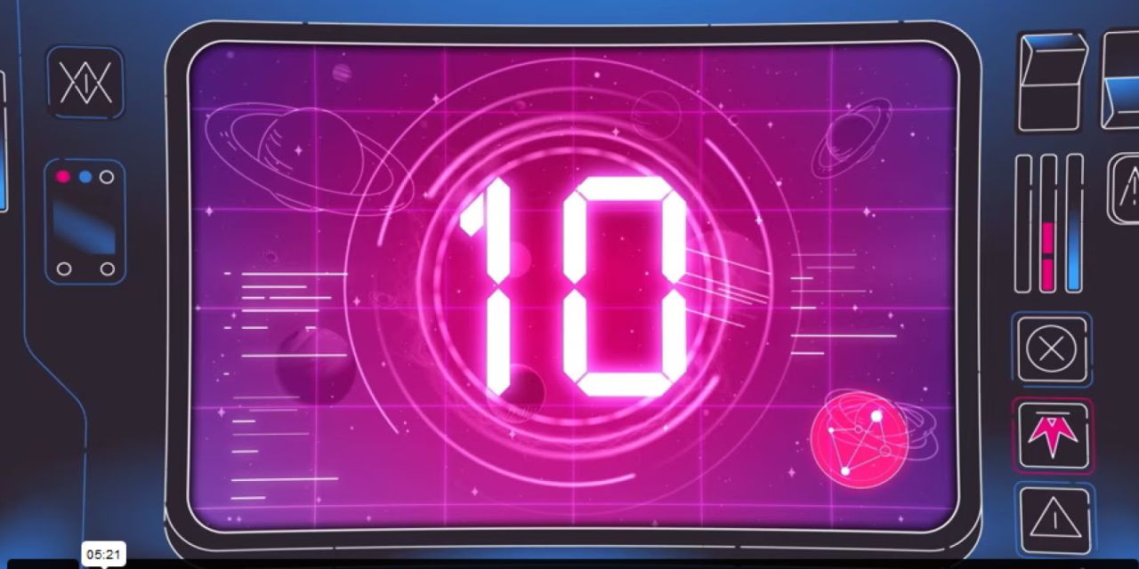 Illustration of the screen of a vaguely technical instrument with switches and buttons, displaying a bright pink number 10 and outlines of planets